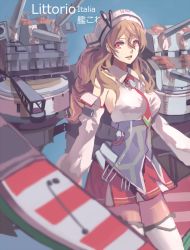 Rule 34 | 10s, 1girl, bad id, bad pixiv id, breasts, brown eyes, brown hair, character name, corset, female focus, hat, kantai collection, lanlanlu (809930257), large breasts, littorio (kancolle), long hair, machinery, miniskirt, necktie, ponytail, skirt, smile, solo, thighhighs, turret, wavy hair, zettai ryouiki