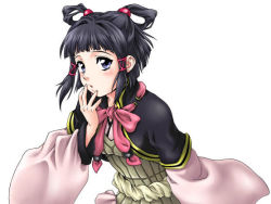 Rule 34 | 1girl, black hair, blush, bow, flat chest, gensou suikoden, gensou suikoden v, half updo, iyou, japanese clothes, jpeg artifacts, lyon (suikoden), pink bow, purple eyes, short hair, simple background, solo, white background, yukkyun