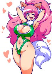 Rule 34 | 1girl, animal ears, bare legs, bare shoulders, breasts, cat ears, cat girl, cleavage, cleavage cutout, clothing cutout, curvy, female focus, happy, heart cutout, highleg, highleg leotard, highres, large breasts, leotard, long hair, one eye closed, partially visible vulva, paw print, perisie (star ocean), pink hair, ponytail, ryoi, shiny skin, simple background, smile, solo, standing, star ocean, star ocean first departure, thick thighs, thighs, thong leotard, very long hair, wink