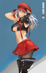 Rule 34 | 10s, 1girl, adjusting clothes, adjusting headwear, alisa ilinichina amiella, armpits, asymmetrical gloves, bare shoulders, black footwear, black pantyhose, black shirt, blue background, boots, breasts, breasts apart, collared shirt, copyright name, cowboy shot, crop top, gloves, god eater, god eater burst, gradient background, hat, k-bose, long hair, looking at viewer, looking to the side, medium breasts, miniskirt, mismatched armwear, mismatched gloves, no bra, pantyhose, plaid, plaid headwear, plaid skirt, pleated skirt, red neckwear, red skirt, revealing clothes, shirt, simple background, skirt, sleeveless, sleeveless shirt, solo, standing, suspender skirt, suspenders, thigh boots, thighhighs, underboob, white hair