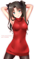 Rule 34 | 1girl, armpits, arms behind head, arms up, artist name, bad id, bad pixiv id, black pantyhose, blush, breasts, covered navel, fate/stay night, fate (series), green eyes, hair ornament, highres, looking at viewer, medium breasts, pantyhose, red sweater, sleeveless, solo, standing, sweater, tina1213, tohsaka rin, tongue, tongue out, two side up