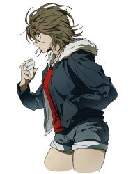 Rule 34 | 1girl, ah 211, black eyes, blue jacket, brown hair, cigarette, cigarette pack, cowboy shot, cropped legs, denim, denim shorts, from side, fur-trimmed hood, fur trim, hand in pocket, hand up, highres, holding, holding cigarette pack, hood, jacket, jitome, looking ahead, messy hair, mouth hold, open clothes, open jacket, original, parted lips, red shirt, sanpaku, shirt, short shorts, shorts, simple background, solo, white background