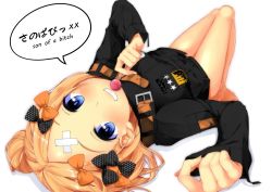 Rule 34 | 1girl, abigail williams (fate), barefoot, blonde hair, blush, bow, candy, child, english text, fate/grand order, fate (series), feet, food, hair bow, japanese text, lollipop, long hair, long sleeves, looking at viewer, lying, multiple bows, on back, polka dot, polka dot bow, simple background, smile, solo, speech bubble, tries, white background