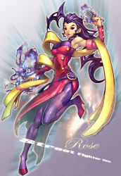 Rule 34 | 1girl, capcom, detached sleeves, electricity, fire, fire, fufuhol, hagoromo, hair slicked back, long hair, pantyhose, purple hair, red eyes, rose (street fighter), shawl, single hair intake, solo, street fighter