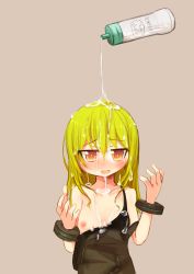 Rule 34 | 1girl, blonde hair, blush, bracelet, cuffs, dress, flat chest, handcuffs, ico (green bullet), jewelry, jitome, kimidori (ico), long hair, nipples, no bra, off shoulder, open mouth, original, sexually suggestive, simple background, solo, suggestive fluid