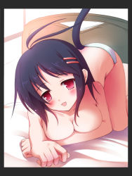 Rule 34 | 1girl, ahoge, bed, black hair, breasts, cleavage, fang, hair ornament, hairclip, masaki (machisora), medium breasts, original, panties, panties only, red eyes, solo, striped clothes, striped panties, tail, topless, underwear, underwear only
