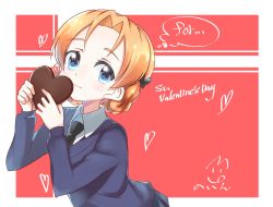 Rule 34 | 10s, 1girl, artist name, black bow, black necktie, blue eyes, blue sweater, bow, braid, chocolate, closed mouth, commentary, dress shirt, english text, girls und panzer, hair bow, happy valentine, heart, highres, holding, long sleeves, looking at viewer, necktie, orange hair, orange pekoe (girls und panzer), outside border, parted bangs, red background, school uniform, shirt, short hair, signature, smile, solo, st. gloriana&#039;s school uniform, standing, sweater, toon (noin), twin braids, upper body, v-neck, valentine, white shirt