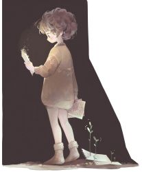 Rule 34 | androgynous, arm at side, artist name, brown hair, brown socks, brown sweater, brown theme, curly hair, fairyapple, from behind, full body, fur trim, gender request, glowing, holding, holding paper, long sleeves, no shoes, original, overgrown, paper, plant, reading, short hair, smile, socks, solo, sprout, standing, sweater