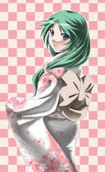Rule 34 | 1girl, alternate costume, ass, blue eyes, bow, checkered background, from behind, green hair, hakkai, highres, japanese clothes, kid icarus, kid icarus uprising, kimono, long hair, looking back, nintendo, palutena, smile, solo
