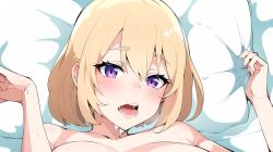 Rule 34 | 1girl, arms up, artist request, bed sheet, blonde hair, blush, breasts, collarbone, drooling, implied sex, kakkou no iinazuke, large breasts, lips, looking at viewer, medium hair, nude, open mouth, pillow, pillow grab, purple eyes, saliva, solo, teeth, tongue, tongue out, umino sachi (kakkou no iinazuke), upper teeth only