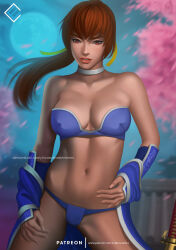 Rule 34 | 1girl, absurdres, bare shoulders, bikini, breasts, brown eyes, brown hair, cleavage, dead or alive, evandro menezes (endlesscomics), highres, kasumi (doa), large breasts, lips, long hair, moon, night, night sky, ponytail, sky, sleeveless, swimsuit, sword, undressing, weapon