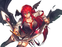Rule 34 | 1girl, bat wings, black thighhighs, black wings, breasts, cleavage, collarbone, collared shirt, dual wielding, frilled skirt, frills, garter straps, green eyes, head wings, holding, holding sword, holding weapon, koakuma, large breasts, long hair, long sleeves, melon22, open clothes, open shirt, red hair, shirt, simple background, skirt, skirt set, solo, sword, teeth, thighhighs, touhou, very long hair, vest, weapon, white background, wings