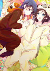 Rule 34 | 2girls, :d, animal costume, bed, blanket, blue eyes, blue hair, blush, brown hair, closed mouth, holding hands, hibike! euphonium, holding, holding stuffed toy, hood, indoors, kasaki nozomi, komugiko, liz to aoi tori, long hair, long sleeves, looking at another, lying, multiple girls, on back, on side, onesie, open mouth, pajamas, pillow, red eyes, smile, stuffed animal, stuffed rabbit, stuffed toy, yoroizuka mizore