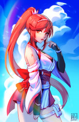Rule 34 | 1girl, absurdres, alina l, bare shoulders, breasts, chest jewel, core crystal (xenoblade), criss-cross halter, detached sleeves, fingerless gloves, glimmer (xenoblade), gloves, halterneck, high ponytail, highres, japanese clothes, kimono, large breasts, long hair, obi, ponytail, red hair, sash, solo, swept bangs, white kimono, wide sleeves, xenoblade chronicles (series), xenoblade chronicles 3, xenoblade chronicles 3: future redeemed