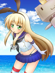 Rule 34 | 10s, 1girl, anchor, bad id, bad pixiv id, black panties, blonde hair, elbow gloves, gloves, green eyes, kantai collection, long hair, midriff, panties, personification, rensouhou-chan, sailor collar, shimakaze (kancolle), shirogane hakuba, socks, striped clothes, striped thighhighs, thighhighs, underwear