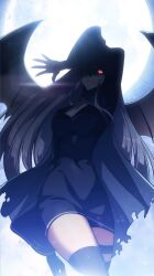 Rule 34 | 1girl, alice von ataraxia, arm up, black dress, black jacket, black sleeves, black socks, closed mouth, dress, hands up, highres, jacket, long hair, long sleeves, looking at viewer, moon, night, night sky, red eyes, serious, sky, sleeveless, socks, solo, solo max-level newbie, very long hair, white hair