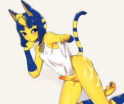 Rule 34 | 1boy, androgynous, animal crossing, animal ears, ankha (animal crossing), black eyes, blue hair, blunt ends, bob cut, bottomless, cat boy, cat ears, cat tail, clothes lift, cum, cum on legs, egyptian, erection, furry, furry male, genderswap, genderswap (ftm), grey background, hair ornament, jewelry, kneeling, lifted by self, looking at viewer, male focus, medium hair, necklace, nintendo, niwa (niwa827), penis, simple background, snake hair ornament, solo, tail, testicles, trap, uncensored, yaoi