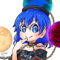 Rule 34 | 1girl, black shirt, blue eyes, blue hair, chain, chamaji, clothes writing, collar, commentary, earth (ornament), hair between eyes, hand to own mouth, hecatia lapislazuli, hecatia lapislazuli (earth), looking at viewer, lowres, moon (ornament), off-shoulder shirt, off shoulder, profile picture, shirt, signature, solo, t-shirt, touhou, upper body, white background