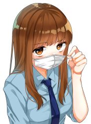 Rule 34 | 1girl, absurdres, blue necktie, blush, breasts, brown eyes, brown hair, collared shirt, etto eat, highres, long hair, looking at viewer, mask, medium breasts, mouth mask, necktie, original, school uniform, shirt, short sleeves, solo, upper body
