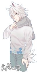 Rule 34 | 1boy, animal ears, brown eyes, animal crossing, fang (animal crossing), highres, male focus, nintendo, personification, scarf, simple background, solo, sukedji, tail, upper body, white background, white hair, wolf ears, wolf tail