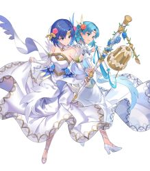 Rule 34 | 2girls, bare shoulders, bell, blue eyes, blue hair, breasts, catria (fire emblem), closed mouth, detached collar, dress, feather trim, female focus, fire emblem, fire emblem: mystery of the emblem, fire emblem: the binding blade, fire emblem echoes: shadows of valentia, fire emblem heroes, flower, full body, hair ornament, high heels, highres, kakage, matching hair/eyes, medium breasts, multiple girls, nintendo, official art, short hair, smile, strapless, strapless dress, thea (fire emblem), trait connection, transparent background, wedding dress, white dress, white footwear