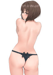 Rule 34 | 1girl, ass, back, backboob, black panties, black ribbon, blush, breasts, brown eyes, brown hair, commentary request, cowboy shot, from behind, girls und panzer, hami dmg, looking at viewer, looking back, medium breasts, nishizumi maho, panties, ribbon, short hair, simple background, solo, topless, underwear, underwear only, white background