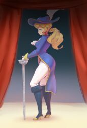 Rule 34 | 1girl, blonde hair, boots, breasts, curtains, earrings, from side, full body, hat, highres, jewelry, large breasts, lickagoat, long hair, mario (series), nintendo, pants, ponytail, princess peach, princess peach: showtime!, solo, standing, sword, swordfighter peach, weapon