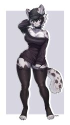 Rule 34 | 1girl, absurdres, baseball cap, black choker, black eyes, black hat, black sweater, black thighhighs, border, breasts, choker, cleavage, full body, furry, furry female, hat, highres, large breasts, looking at viewer, original, pgm300, short hair, simple background, snow leopard girl, snow leopard tail, solo, sweater, thighhighs, white border