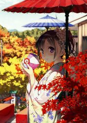 Rule 34 | 1girl, absurdres, ball, blurry, blush, brown hair, butterfly hair ornament, depth of field, fingernails, flower, hair flower, hair ornament, highres, huge filesize, japanese clothes, kantoku, kimono, long fingernails, looking at viewer, parasol, ponytail, purple eyes, scan, smile, solo, umbrella, unbrella