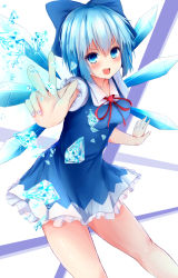 Rule 34 | 1girl, bad id, bad pixiv id, blue dress, blue eyes, blue hair, blush, cirno, dress, glowing, hair ribbon, ice, ice wings, looking at viewer, matching hair/eyes, open mouth, outstretched arm, puffy sleeves, ribbon, short hair, short sleeves, smile, solo, tapuri (hurleyx), touhou, v, white background, wings