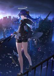 Rule 34 | 1girl, arknights, asymmetrical gloves, blue eyes, blue hair, cityscape, dual wielding, from behind, fur-trimmed jacket, fur trim, gloves, halo, highres, holding, holding staff, horns, ichibi, jacket, long hair, mismatched gloves, mostima (arknights), on railing, railing, shorts, smile, staff