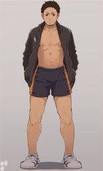 Rule 34 | 1boy, 8 (yamalu), abs, bara, bare pectorals, black hair, black jacket, black shorts, closed mouth, grey background, haikyuu!!, hands in pockets, jacket, large pectorals, looking at viewer, male focus, muscular, muscular male, navel, open clothes, open jacket, pectorals, sawamura daichi, shoes, short hair, shorts, sideburns, smile, sneakers, solo, sportswear, standing, volleyball uniform