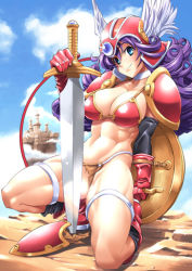 Rule 34 | 1girl, abs, armor, bikini armor, blue eyes, breasts, cleavage, dragon quest, dragon quest iii, elbow gloves, gloves, helmet, large breasts, lowres, muscular, purple hair, rakko (r2), red armor, shield, smile, soldier (dq3), solo, sword, weapon