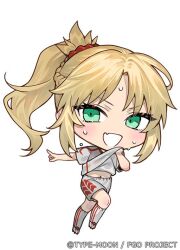 Rule 34 | 1girl, chibi, fang, fate/grand order, fate (series), green eyes, index finger raised, kneehighs, long hair, looking at viewer, mordred (fate), nipi27, official art, open mouth, pointing, pointing to the side, ponytail, running, shirt, short sleeves, shorts, simple background, smile, socks, solo, sweat, white background, white shirt, white shorts, white socks