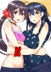 Rule 34 | 10s, 2girls, ahoge, akebono (kancolle), asymmetrical docking, bell, bikini, black hair, blue one-piece swimsuit, breast press, breasts, flat chest, flower, hair bell, hair flower, hair ornament, hat, highres, jingle bell, kantai collection, large breasts, long hair, looking at viewer, mizuse kouichi, multiple girls, navel, one-piece swimsuit, open mouth, polka dot, polka dot swimsuit, purple eyes, purple hair, scrunchie, side ponytail, skirt, straw hat, swimsuit, ushio (kancolle), very long hair, wrist scrunchie