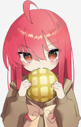 Rule 34 | 1girl, absurdres, ahoge, bad id, bad pixiv id, blush, bow, bread, brown bow, brown eyes, brown sailor collar, brown shirt, closed mouth, flat chest, food, food in mouth, hair between eyes, highres, holding, holding food, long hair, long sleeves, looking at viewer, melon bread, nose blush, pink hair, poppypilf, sailor collar, school uniform, serafuku, shakugan no shana, shana, shirt, simple background, solo, upper body, v-shaped eyebrows, white background