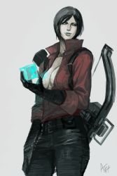 Rule 34 | 1girl, ada wong, ami thompson, bad id, bad pixiv id, belt, black gloves, black hair, blue lips, bow (weapon), breasts, cleavage, crossbow, cube, gloves, large breasts, lipstick, makeup, multiple belts, no bra, pants, popped collar, resident evil, resident evil 6, short hair, solo, unbuttoned, unbuttoned shirt, weapon