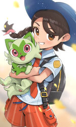 Rule 34 | 1girl, backpack, bag, blue shirt, braid, brown eyes, brown hair, clenched teeth, commentary request, creatures (company), game freak, gonzarez, highres, holding, holding pokemon, juliana (pokemon), looking at viewer, necktie, nintendo, orange necktie, pokemon, pokemon (creature), pokemon sv, red shorts, shirt, short hair, short sleeves, shorts, smile, sprigatito, striped clothes, striped shorts, teeth, vertical-striped clothes, vertical-striped shorts