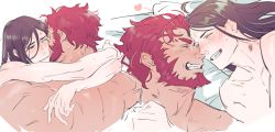 Rule 34 | 2boys, back, bara, beard, blush, clenched teeth, collage, closed eyes, facial hair, fate/zero, fate (series), grin, heads together, implied sex, iskandar (fate), jeje (pixiv12541114), lord el-melloi ii, male focus, mature male, multiple boys, muscular, muscular male, noses touching, nude, red eyes, red hair, short hair, size difference, smile, sweat, teeth, waver velvet