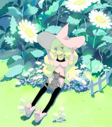 Rule 34 | bad id, bad pixiv id, belt, blonde hair, blue eyes, cat, elbow gloves, flower, gloves, grass, hat, long hair, nature, original, solo, thighhighs, tsujisaki, witch, witch hat