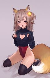 Rule 34 | 1girl, :d, absurdres, animal ears, annytf, black gloves, black sweater, black thighhighs, blush, breasts, brown eyes, brown hair, cleavage cutout, clothing cutout, commentary request, covered navel, cropped sweater, fang, fingerless gloves, fox ears, fox girl, fox tail, full body, gloves, grey background, hair ornament, heart cutout, highleg, highleg leotard, highres, indie virtual youtuber, leotard, leotard under clothes, long hair, long sleeves, looking at viewer, one side up, open mouth, red leotard, simple background, sitting, skin fang, small breasts, smile, solo, sooon, star (symbol), star hair ornament, stirrup legwear, sweater, tail, thighhighs, thighs, toeless legwear, twitter username, virtual youtuber, wariza