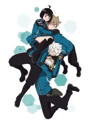 Rule 34 | 1girl, 3boys, = =, amatori chika, arm around neck, arms around waist, badge, black footwear, black gloves, black hair, black pants, black shorts, blue jacket, bob cut, boots, brown hair, carrying, carrying under arm, child carry, clenched teeth, clinging, full body, glasses, gloves, green eyes, grin, highres, hyuse, jacket, jumping, knee boots, kuga yuuma, light brown hair, looking at another, looking down, mikumo osamu, mikumo squad&#039;s uniform, multiple boys, naenokyuuri (truchmobis), pants, puckered lips, purple eyes, shoes, short hair, shorts, sitting on arm, smile, spoilers, sweatdrop, teeth, white background, white hair, world trigger
