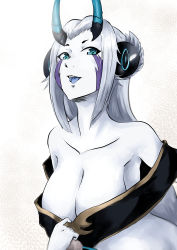 Rule 34 | 1girl, absurdres, blue eyes, blue skin, breasts, cleavage, colored skin, facial mark, highres, horns, jorougumo (onmyoji), large breasts, onmyoji, open mouth, pale skin, simple background, solo, tongue, tongue out, upper body, white background, white hair, zaimoku (244138514)