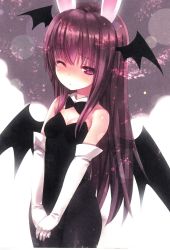 Rule 34 | 1girl, alternate costume, animal ears, bat wings, black dress, blush, bow, detached collar, dress, gloves, head wings, highres, kemonomimi mode, kiira, koakuma, leotard, long hair, looking at viewer, non-web source, one eye closed, pantyhose, playboy bunny, rabbit ears, red eyes, red hair, scan, scan artifacts, simple background, solo, touhou, white gloves, wings