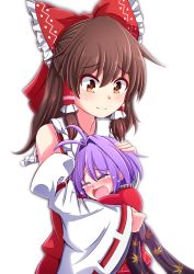 Rule 34 | 2girls, antenna hair, aospanking, bare shoulders, blush, bow, brown eyes, brown hair, closed eyes, comforting, commentary request, crying, detached sleeves, hair between eyes, hair bow, hair intakes, hair tubes, hakurei reimu, half updo, hand on another&#039;s head, head on chest, hug, japanese clothes, kimono, leaf print, long hair, looking at another, looking down, mini person, minigirl, motherly, multiple girls, obi, partial commentary, purple hair, red kimono, red vest, ribbon-trimmed sleeves, ribbon trim, sash, short sleeves, sidelocks, simple background, smile, sukuna shinmyoumaru, tears, touhou, vest, white background