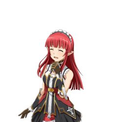 Rule 34 | 1girl, brown gloves, closed eyes, gloves, hime cut, long hair, maid, open mouth, pointy ears, rain (sao), red hair, red shorts, shiny skin, shorts, sleeveless, smile, solo, standing, sword art online, transparent background