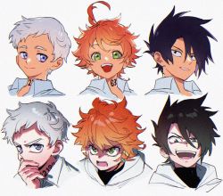 Rule 34 | &gt;:p, 1girl, 2boys, ahoge, black hair, blue eyes, closed mouth, emma (yakusoku no neverland), green eyes, hair ribbon, looking at another, looking at viewer, multiple boys, neck tattoo, norman (yakusoku no neverland), number tattoo, open mouth, orange hair, qin (7833198), ray (yakusoku no neverland), ribbon, shirt, short hair, simple background, smile, tattoo, teeth, tongue, tongue out, v-shaped eyebrows, white background, white hair, white shirt, yakusoku no neverland