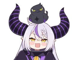 Rule 34 | 1girl, ahoge, animal, animal on head, asymmetrical hair, bird, bird on head, black coat, blush, blush stickers, braid, chibi, coat, collar, commentary, crow (la+ darknesss), demon horns, english commentary, fang, french braid, hair between eyes, hololive, holox, horns, kukie-nyan, la+ darknesss, long hair, looking at viewer, metal collar, multicolored hair, on head, open mouth, pointy ears, portrait, purple hair, silver hair, single braid, skin fang, sleeves past fingers, sleeves past wrists, slit pupils, smug, solo, streaked hair, striped horns, transparent background, two-tone hair, virtual youtuber, yellow eyes