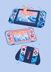 Rule 34 | absurdres, blue background, crescent moon, full moon, gibbous moon, half moon, handheld game console, highres, meyoco, moon, moon phases, nintendo switch, nintendo switch lite, no humans, original, simple background, waves