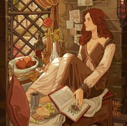 1girl against_wall barefoot basket book bottle bread_bun breasts brown_dress candle chalice cleavage collarbone commentary cracker cum cup curtains dragon_age dragon_age:_origins dress english_commentary flower food fruit grapes highres indoors lattice long_hair looking_to_the_side medieval melteeyo open_book original paintbrush parted_lips pie pillow plate red_flower red_hair red_rose rose scroll_tube solo spoon stone_wall two-tone_dress vase white_dress window wine_bottle